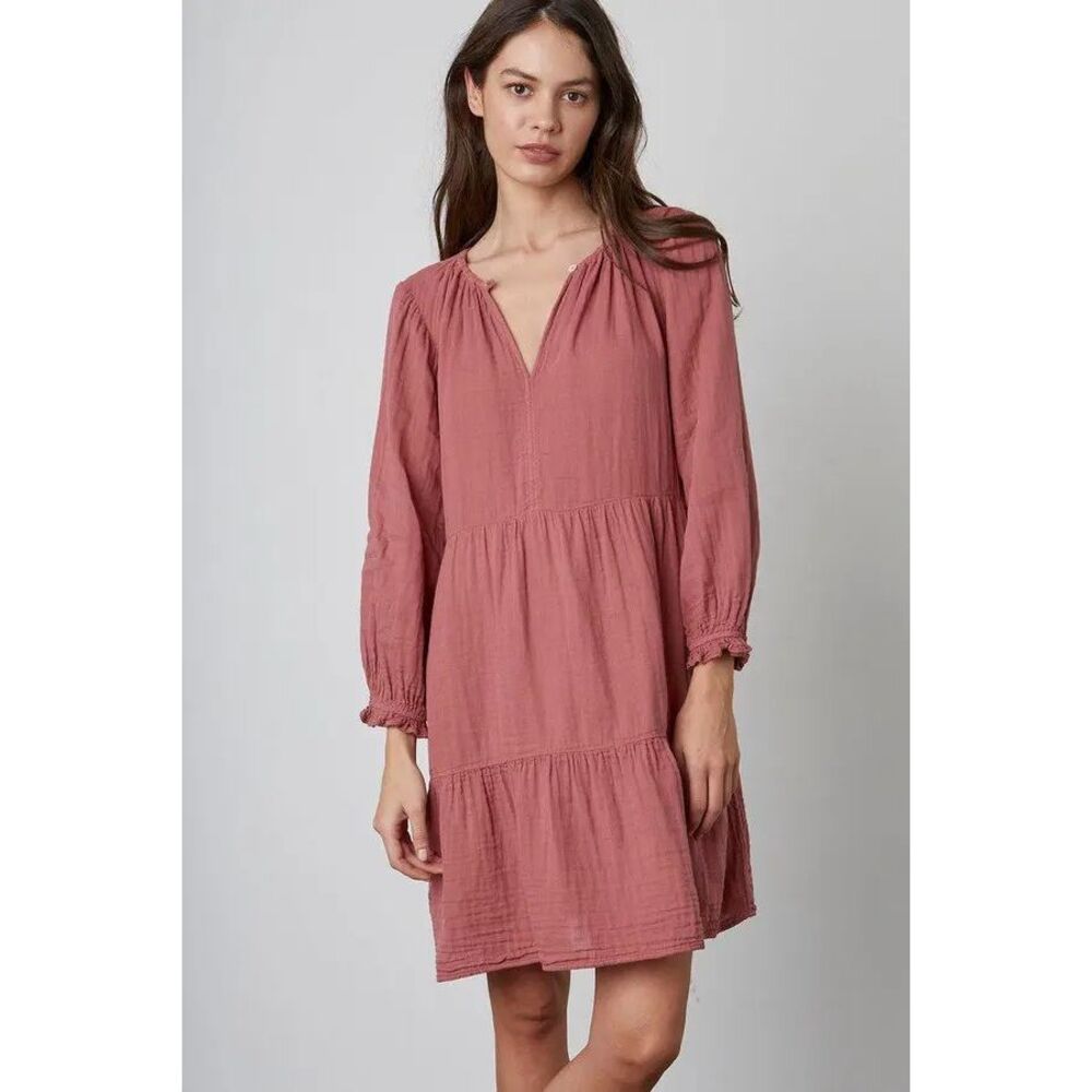 VELVET BY GRAHAM & SPENCER Terracotta Pink Mirella‎ Cotton Gauze Tiered Dress Sz